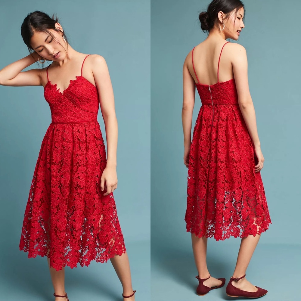 Anthropologie Donna Morgan Scarlet Lace Dress Size 4 Red Floral Flowers